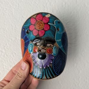 Vintage Small Mexican Redware Terracotta Hand Painted Face Mask Birds Colorful
